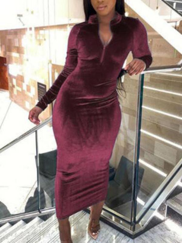 Pleuche Zipper Band Collar Pregnant Bodycon Maternity Dress