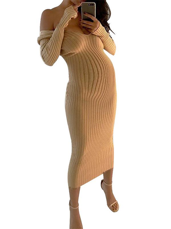 Off Shoulder Fitted V-neck Long Sleeve Maternity Sweater Maxi Dress