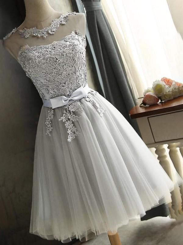 Gray Patchwork Bow Lace Mesh Pleated Round Neck Sleeveless Women's Mini Dresses Evening Dress Bridesmaid Dress