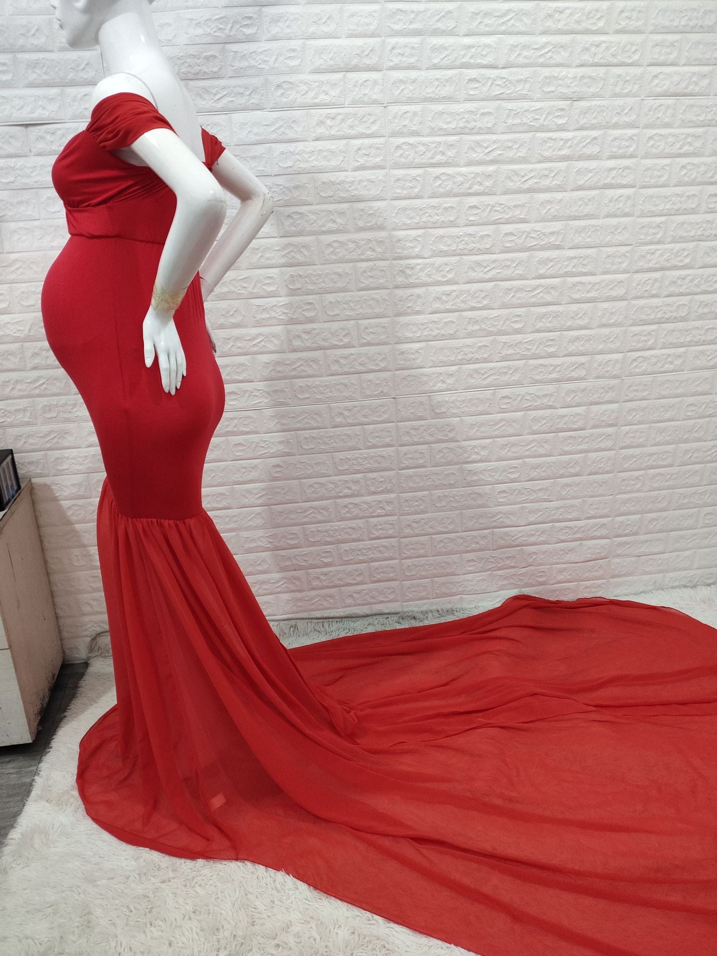 Seindeal Flowy Chiffon Draped Off-shoulder Baby Shower Red Maternity Dresses for Photoshoot