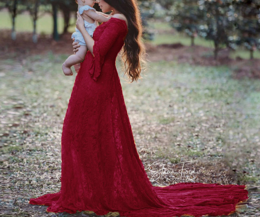 Seindeal Lace Flare Sleeve Off Shoulder Baby Shower Maternity Maxi Dress Halloween