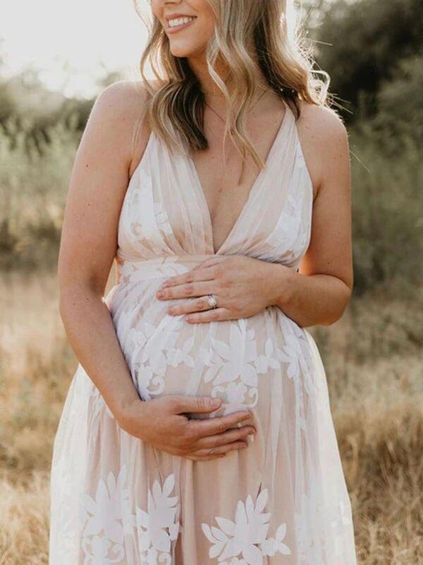 Seindeal Lace Grenadine Flowy V-Neck Sleeveless White Maternity Maxi Dress High Slip Cut