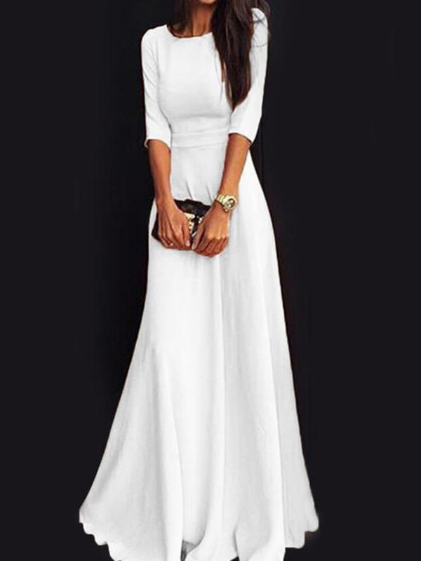 Seindeal White Draped Round Neck 3/4 Sleeves Elegant Maxi Dress Ball Gown Evening Dress