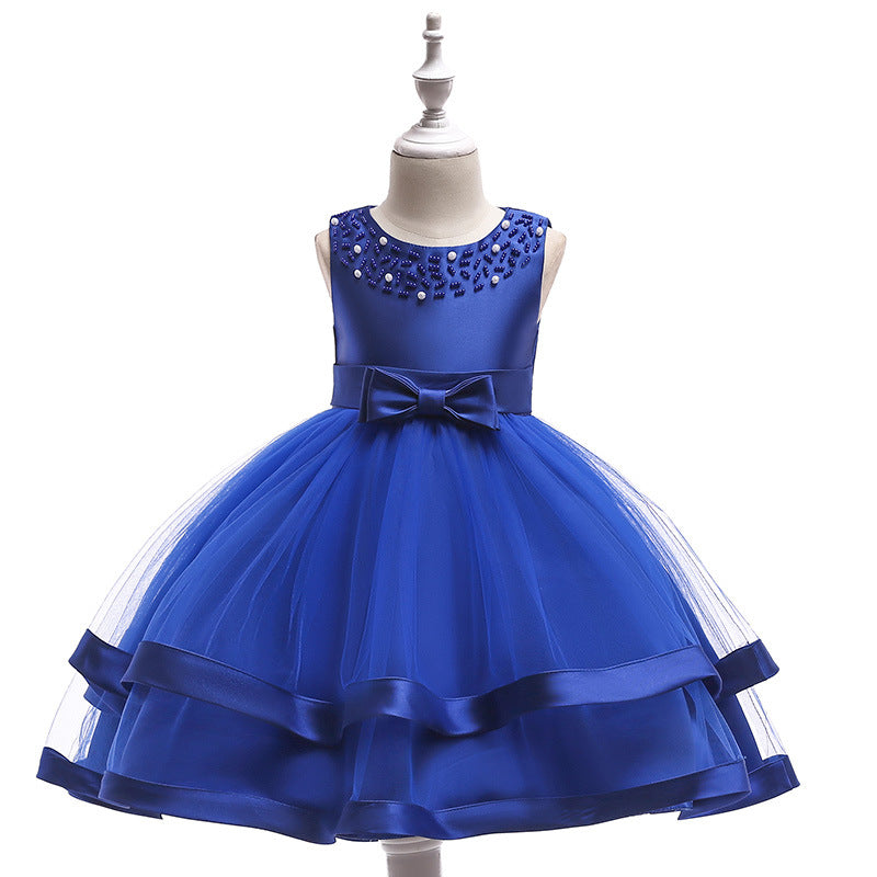 Girls Beading Bow Layered Sleeveless Round Neck Gown Dress Formal