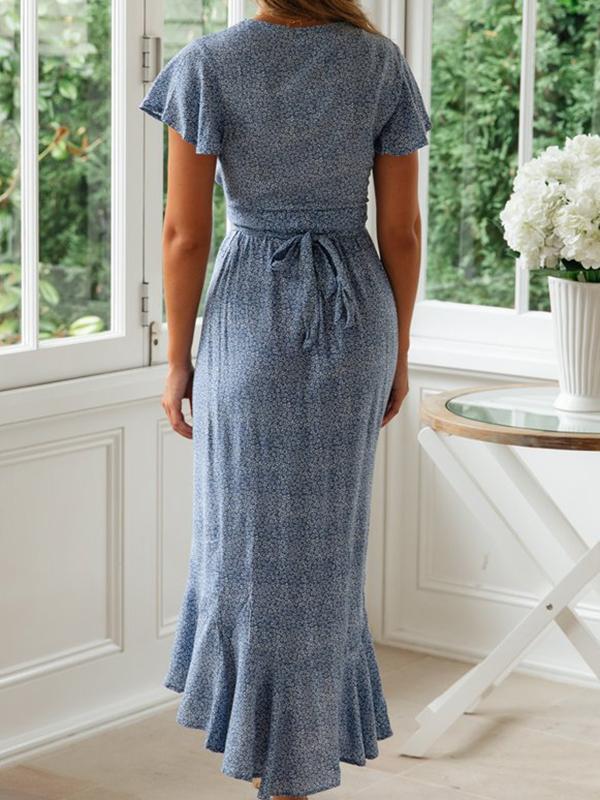 Floral Ruffle Belt High-low Flowy V-neck Short Sleeve Honey Girl Maternity Midi Dress