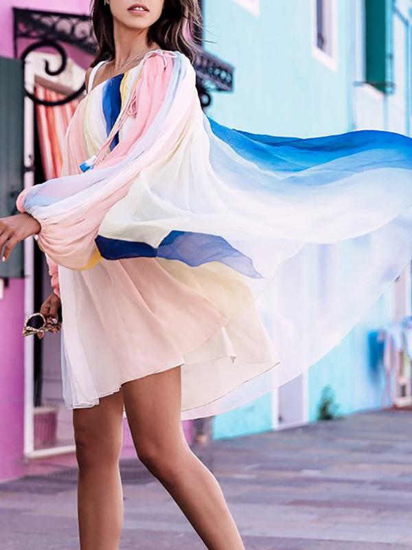 Rainbow Off Shoulder Drawstring Flowy Boat Neck Long Sleeve Maternity Mini Dress