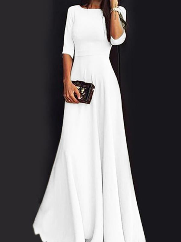 Seindeal White Draped Round Neck 3/4 Sleeves Elegant Maxi Dress Ball Gown Evening Dress