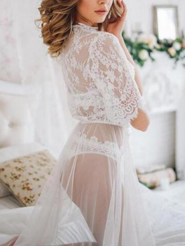 Seindeal Floral Lace Deep V-neck Half Sleeve Baby Shower White Maternity Photoshoot Dress