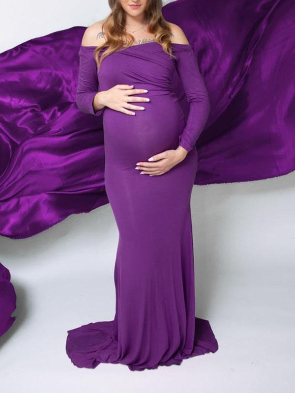 Seindeal Off Shoulder Backless Draped Mermaid Maternity Photoshoot Dress Pink