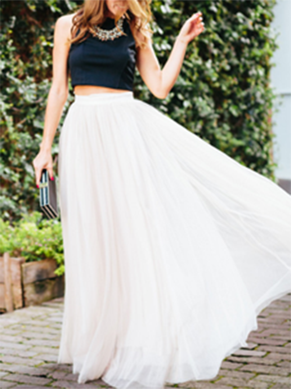 Seindeal Mesh Pleated Elastic Waist Floor Length Elegant Tutu Maxi Skirt Tulle Skirt Evening Skirt Women Fashion