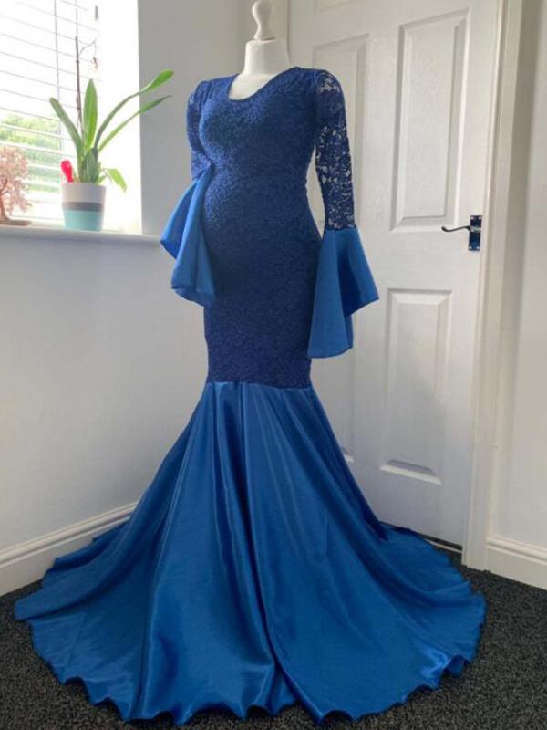 Seindeal Patchwork Lace Flare Sleeve Mermaid Pregnant Maternity Photoshot Dress Maxi