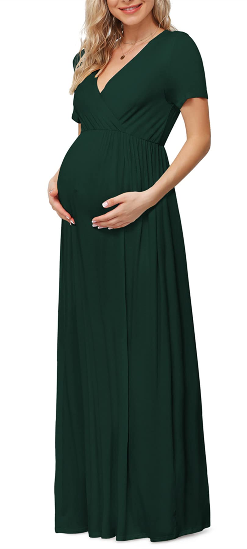 Seindeal Draped V-neck Short Sleeve Elegant Maxi Maternity Dress