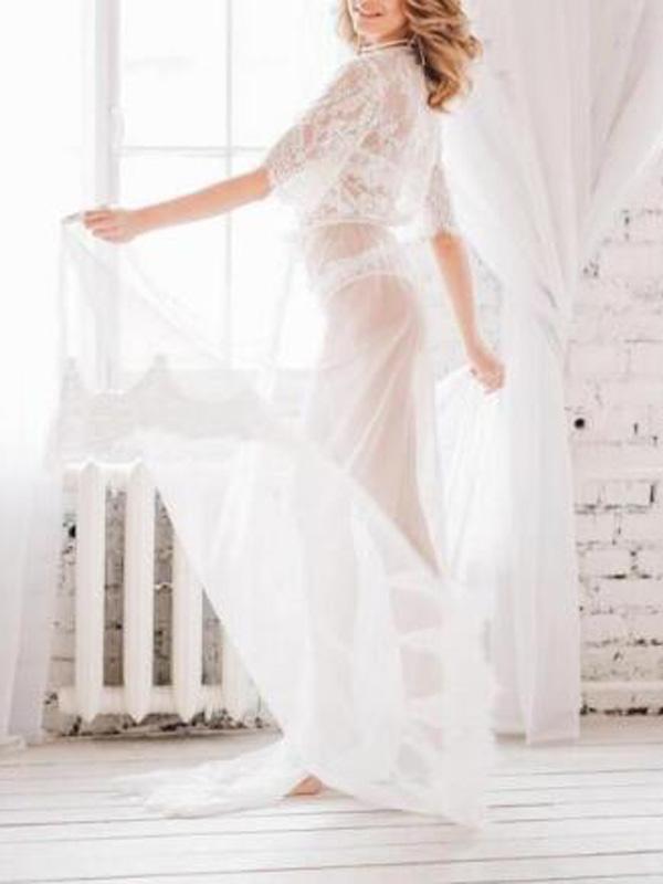 Seindeal Floral Lace Deep V-neck Half Sleeve Baby Shower White Maternity Photoshoot Dress