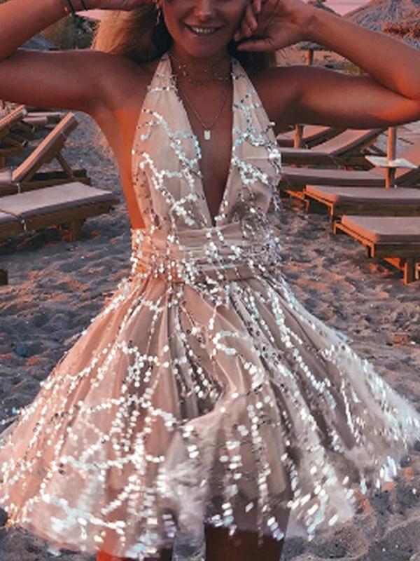 Seindeal Apricot Solid Color Sequins Backless Deep V Neck Sleeveless Women Mini Dresses Party Dress Sequin Dress Ball Gown
