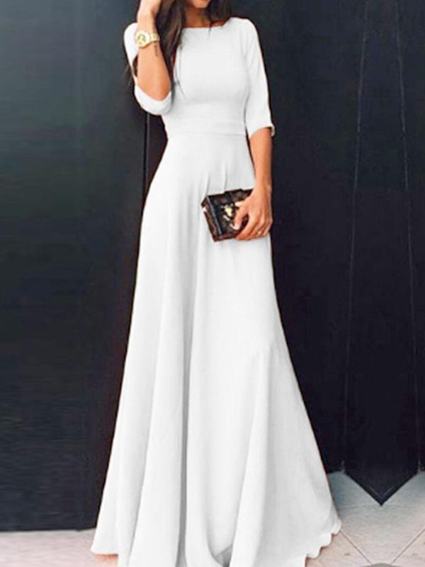 Seindeal White Draped Round Neck 3/4 Sleeves Elegant Maxi Dress Ball Gown Evening Dress