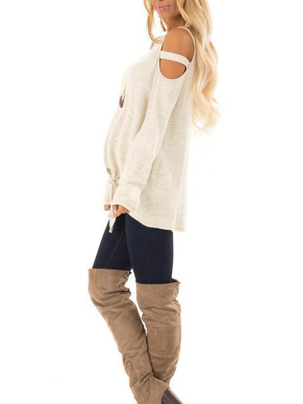 Solid Cut Out Belt Comfy Round Neck Long Sleeve Maternity T-Shirt