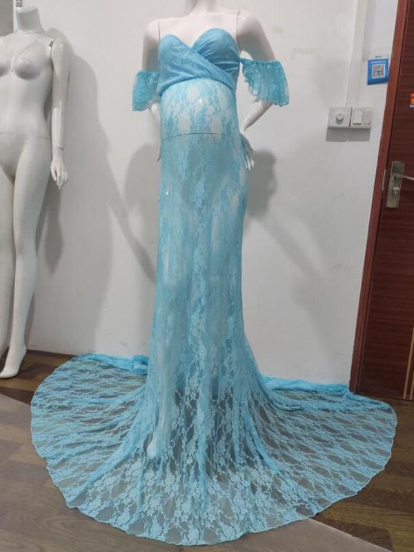 Seindeal Lace Bandeau Off Shoulder Maxi Maternity Mermaid Dress for Photoshoot