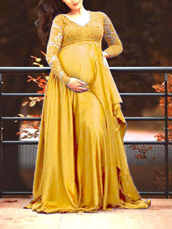 Lace Irregular Long Sleeve Baby Shower Photoshoot Maternity Maxi Dress