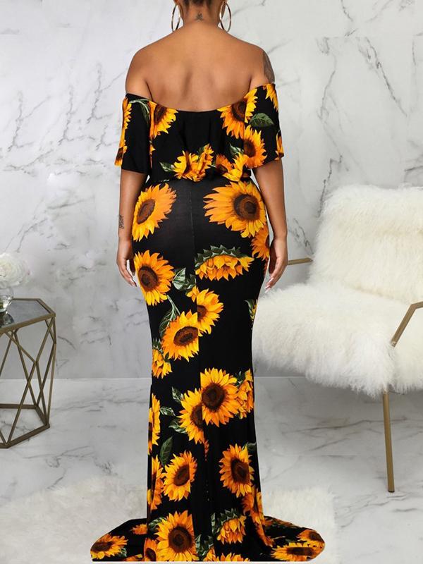 Seindeal Sunflowers Off Shoulder Ruffle Baby Shower Maternity Photoshoot Maxi Dress
