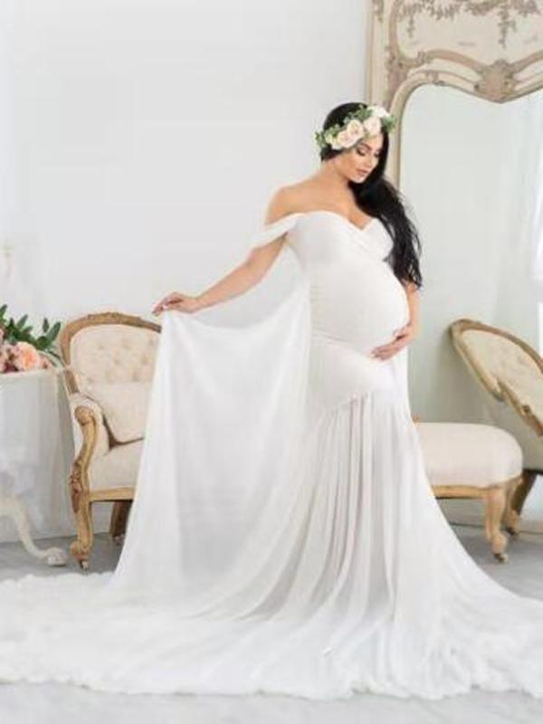 Seindeal Patchwork Off Shoulder Mermaid Baby Shower Maternity Maxi Dress