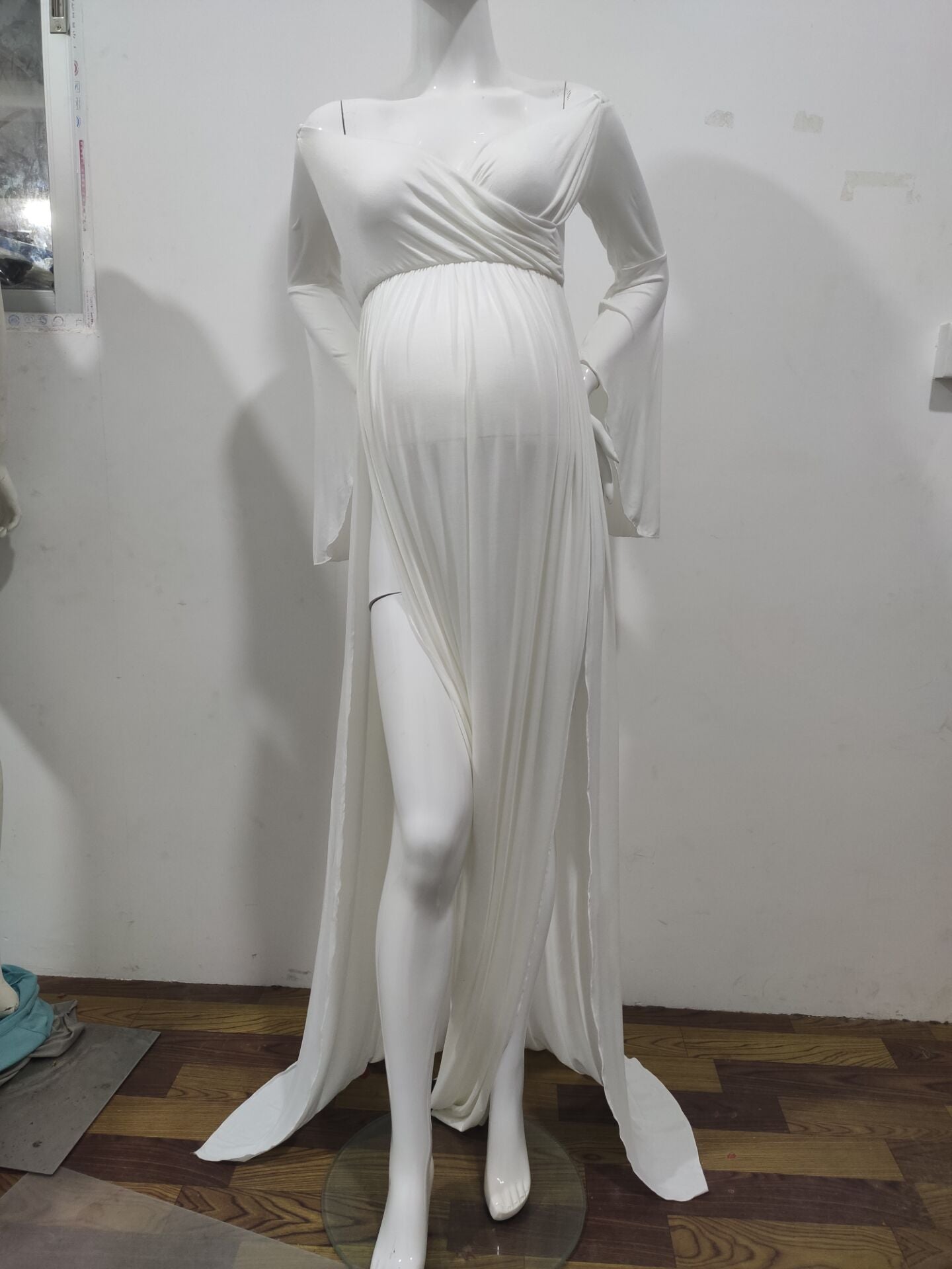 Seindeal Off Shoulder Flare Long Sleeve Double SlitMaxi Maternity Dress for Baby Shower Fall