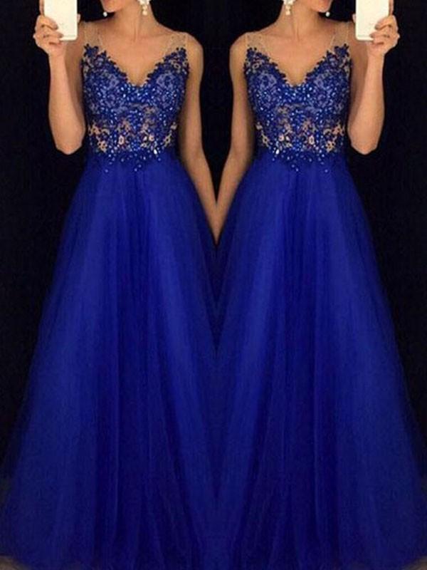 Seindeal Blue Beaded Mesh Backless V Neck Sleeveless Maxi Dress Evening Dress Ball Gown