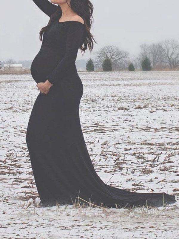 Seindeal Off Shoulder Backless Draped Mermaid Maternity Photoshoot Dress Pink