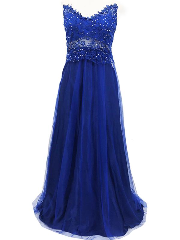 Seindeal Blue Beaded Mesh Backless V Neck Sleeveless Maxi Dress Evening Dress Ball Gown