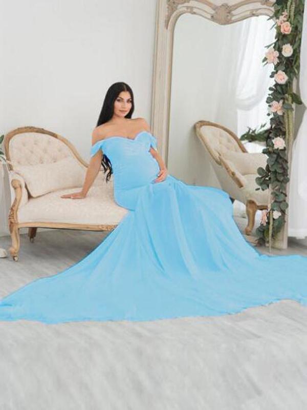 Seindeal Patchwork Off Shoulder Mermaid Baby Shower Maternity Maxi Dress