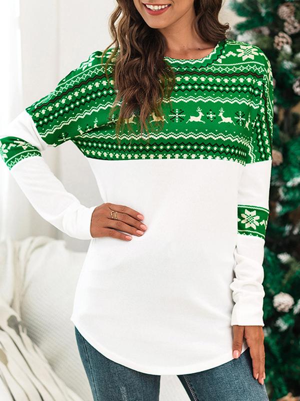 Geometric Elk Print Round Neck Long Sleeve Christmas Maternity T-Shirt