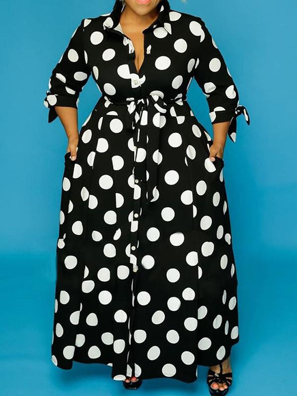 Seindeal Polka Dot Bow Belt Plus Size Turndown Collar Long Sleeve Maxi Dress