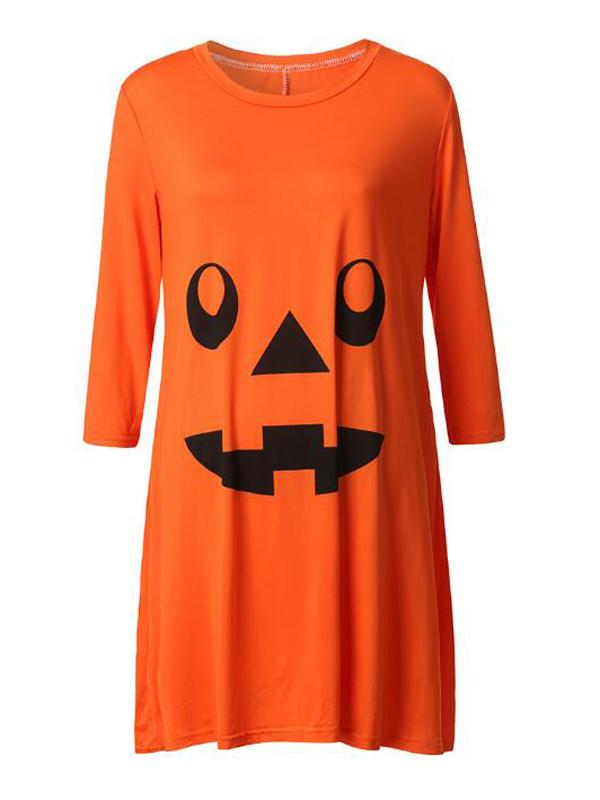 Seindeal Skull Print Pumpkin Long Sleeve Halloween Midi Plus Size Maternity Dress Costume for Pregnant Moms
