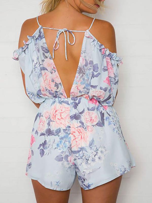 Seindeal Flowers Tie Back Halter One Piece Short Maternity Jumpsuit