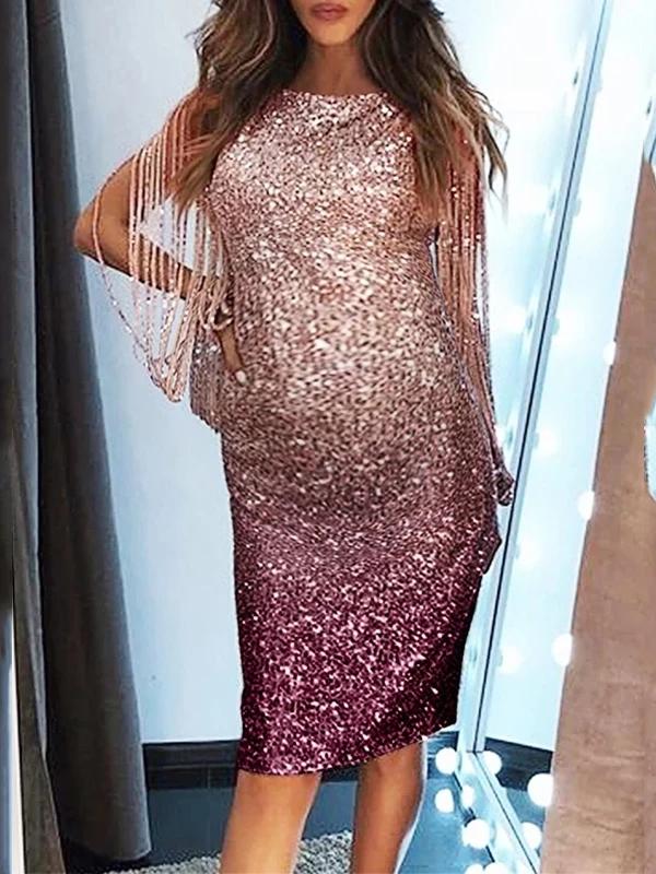 Gradient Color Sequin Knee Length Round Neck Long Sleeve Elegant Maternity Midi Dress