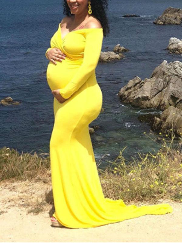 Seindeal Off Shoulder Backless Draped Mermaid Maternity Photoshoot Dress Pink