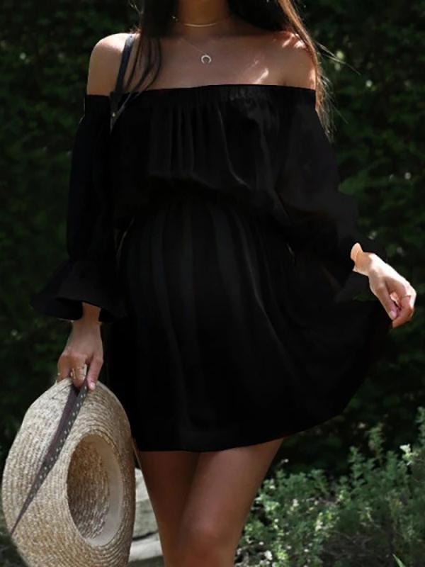 Solid Off Shoulder Ruffle High Waisted Long Sleeve Sweet Maternity Mini Dress