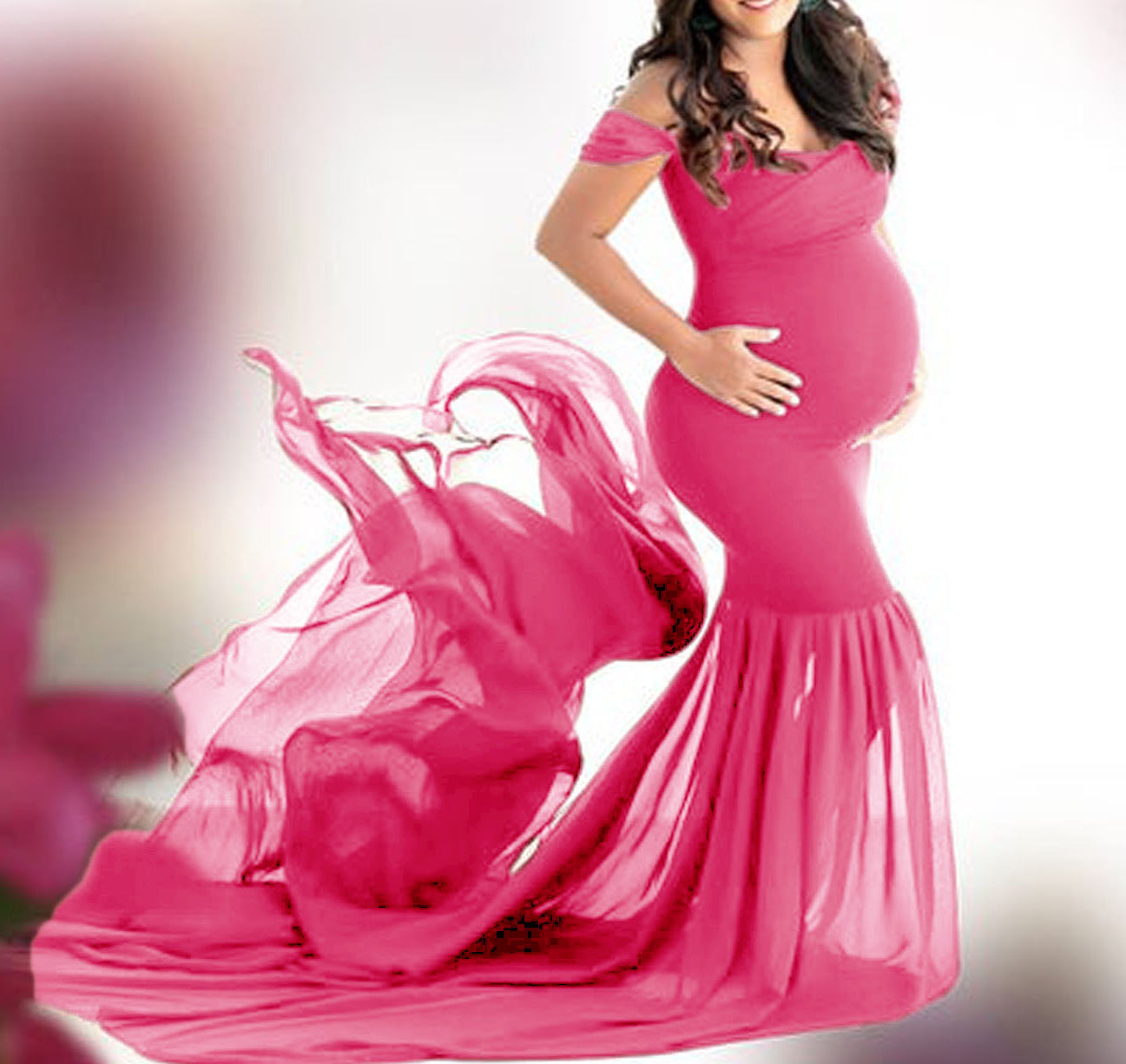 Seindeal Flowy Chiffon Draped Off-shoulder Baby Shower Red Maternity Dresses for Photoshoot