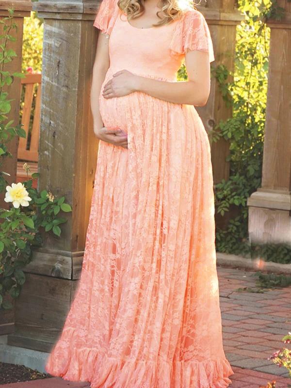 Lace Ruffle Draped For Babyshower Plus Size Maternity Maxi Dress