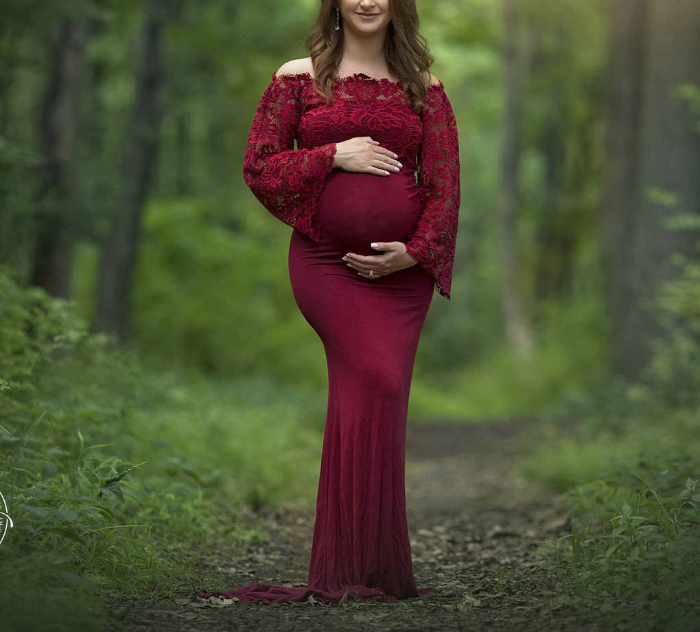 Seindeal Wedding Lace Off Shoulder Mermaid Photoshoot Bell Sleeve Maternity Dress