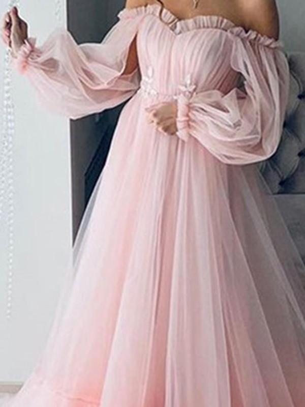 Lace Mesh Off Shoulder Boat Neck Long Sleeve A-Line Maxi Dress Women Fashion Ball Gown Evening Dress Tulle Dress