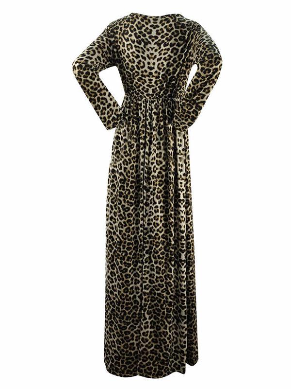 Leopard Print Round Neck Long Sleeve High Waisted Party Maternity Dress