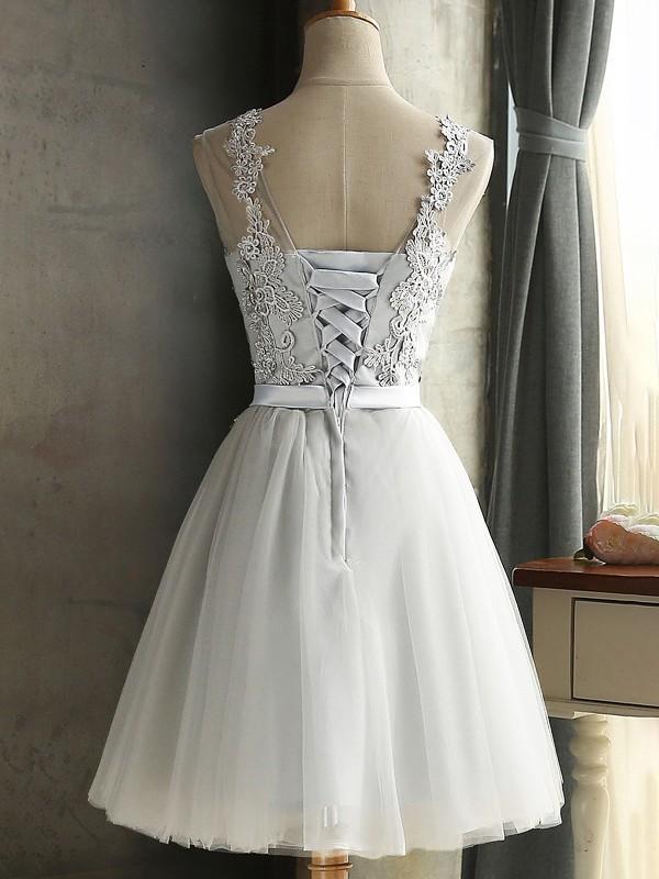 Gray Patchwork Bow Lace Mesh Pleated Round Neck Sleeveless Women's Mini Dresses Evening Dress Bridesmaid Dress