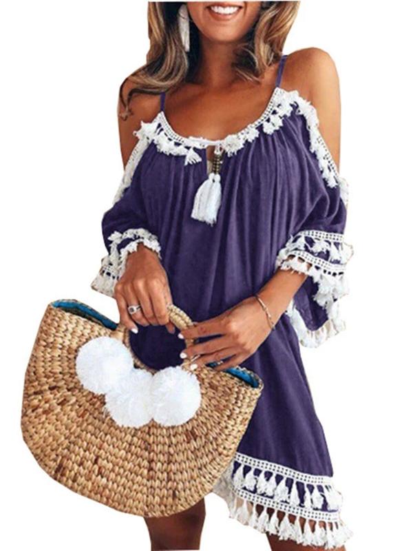 Patchwork Cut Out Tassel Flowy Above Knee Sleeveless Sweet Maternity Mini Dress