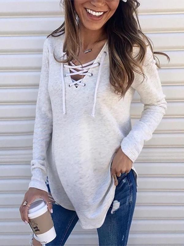 Solid Color Drawstring Lace Up Irregular Collar Long Sleeve Cute Maternity T-shirt