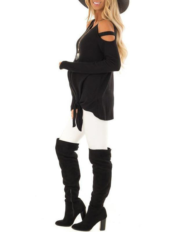 Solid Cut Out Belt Comfy Round Neck Long Sleeve Maternity T-Shirt