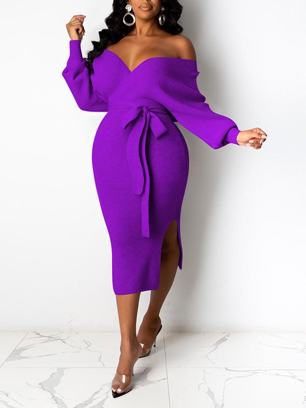 Solid Off Shoulder Bodycon Belt V-neck Long Sleeve Maternity Midi Dress