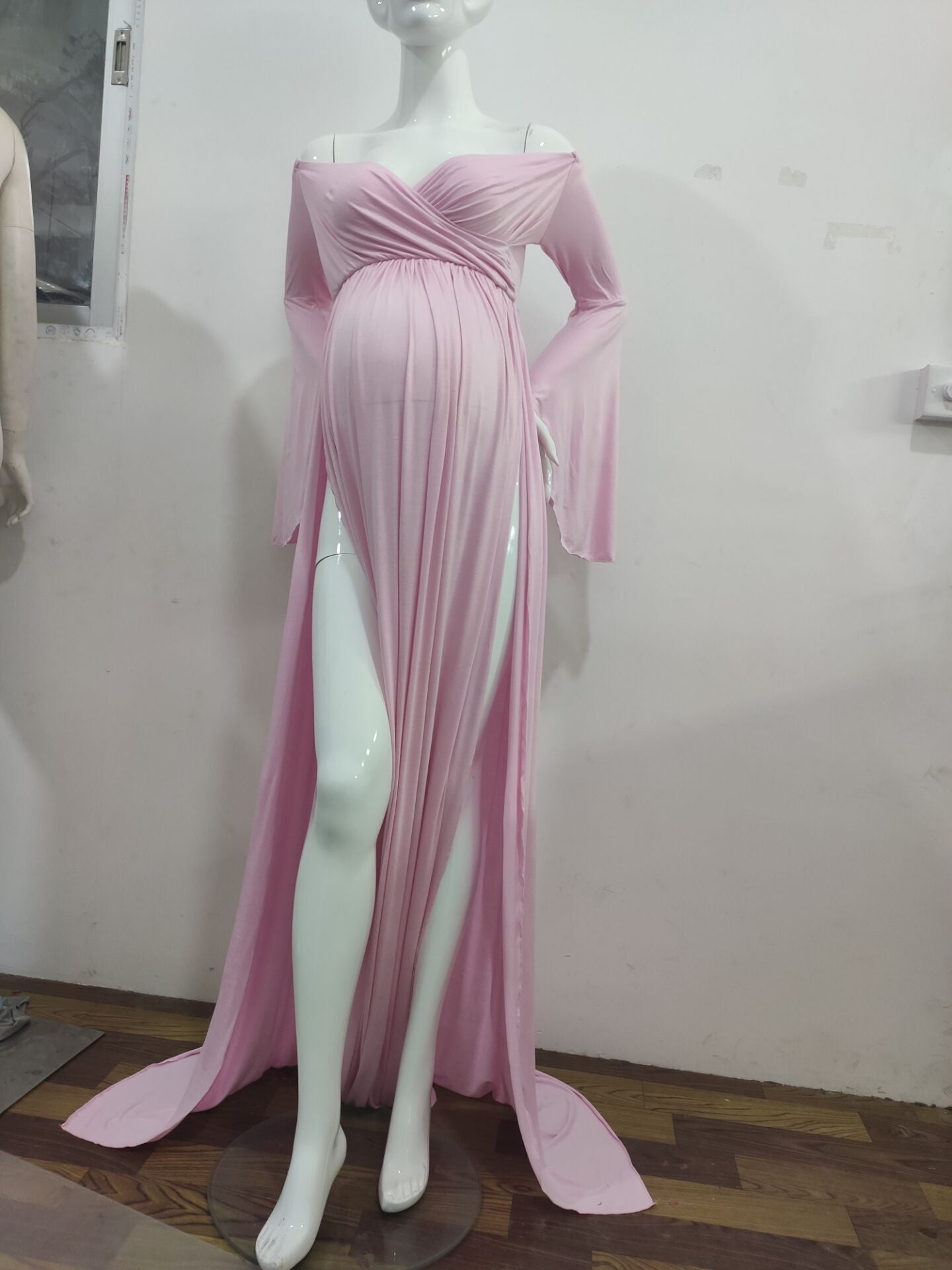 Seindeal Off Shoulder Flare Long Sleeve Double SlitMaxi Maternity Dress for Baby Shower Fall