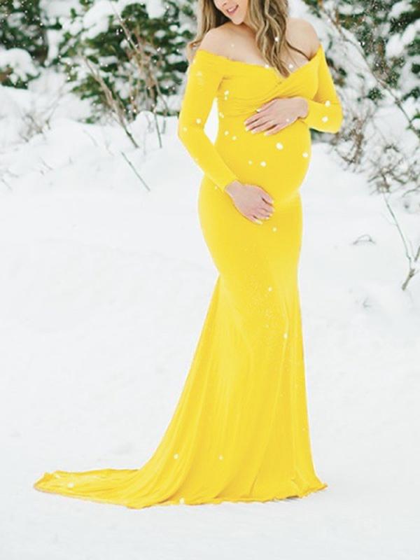 Seindeal Solid Color Off Shoulder Maxi Baby Shower Mermaid Maternity Dress for Photoshoot
