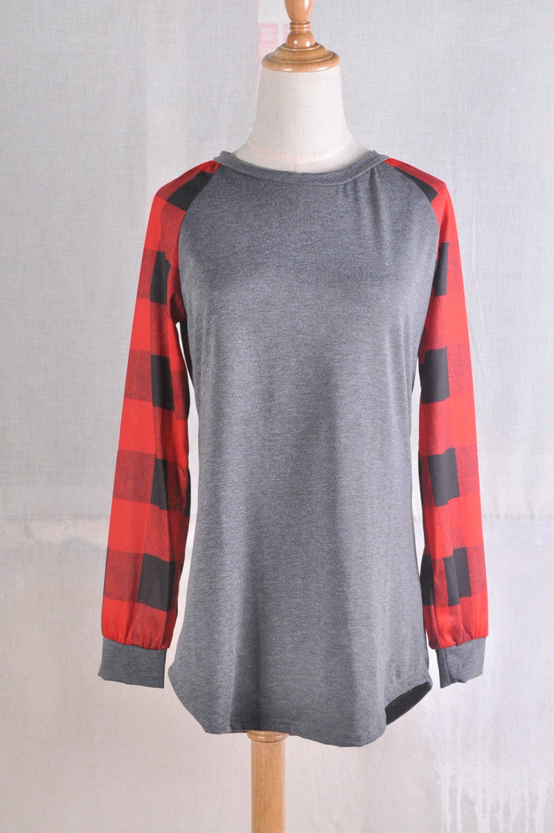 Seindeal Christmas Red Plaid Print Round Neck Plus Size Long Sleeve Maternity T-shirt