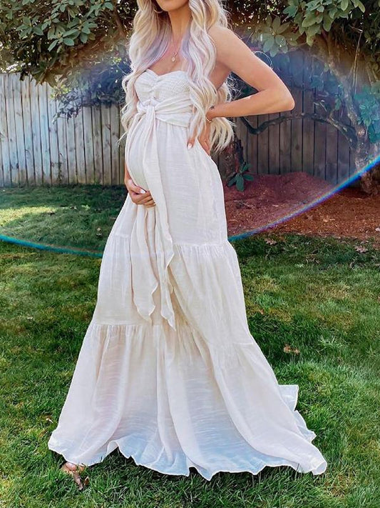 Bandeau Off Shoulder Ribbons Boat Neck Sleeveless Belt Maternity Maxi Dress